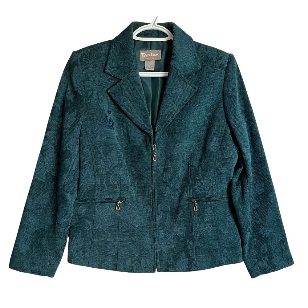Vintage Emerald Jacquard Zip Blazer Teal Floral Dark Academia